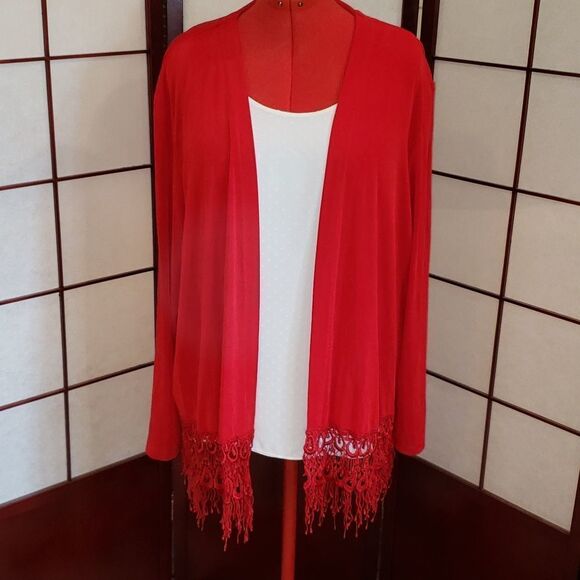 Amanda 3X Shimmery Red Fringe Cardigan Sweater - Picture 1 of 7
